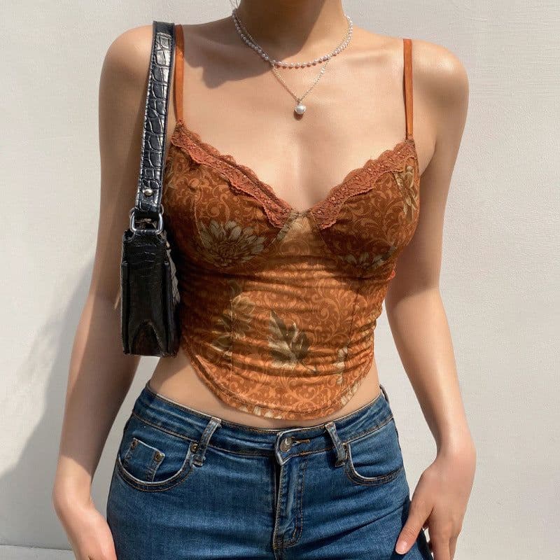 image-2021 summer European and American new sexy women's retro mesh lace-up lace print bottoming sling crop top