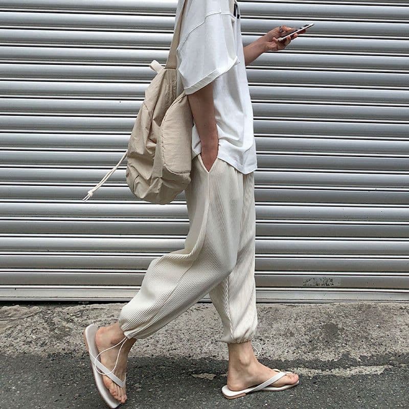 image-MYQ men's pleated ice silk casual pants summer Korean version of the trend of wide-legged straight loose nine-point sports trousers