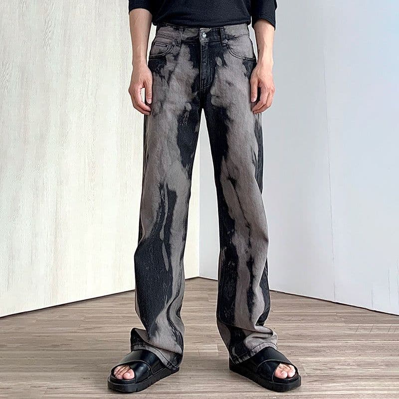 image-MYQ Men's High Street Washed Distressed Jeans Men's Korean Style Trendy Loose Straight Pants Tie Dye Gradient Pants Men