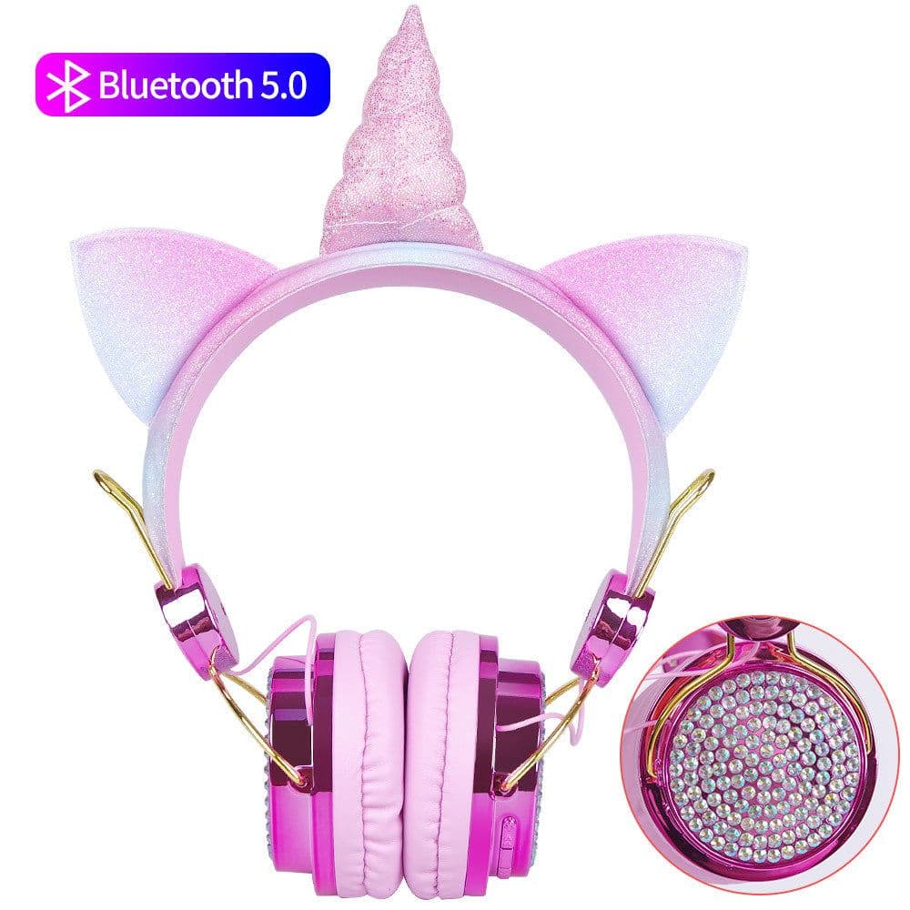 image-Headset children's headset wired wireless bluetooth tablet phone computer with heavy bass unicorn cartoon headset