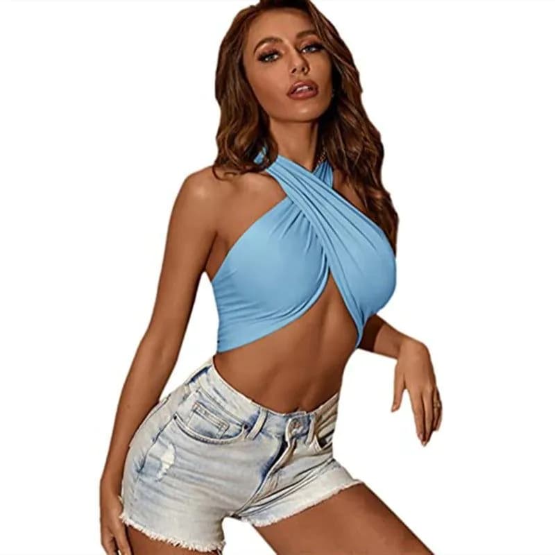 image-Cross-border new halter cross-wrapped chest sexy European and American women's summer casual solid color slim vest shoulder strap