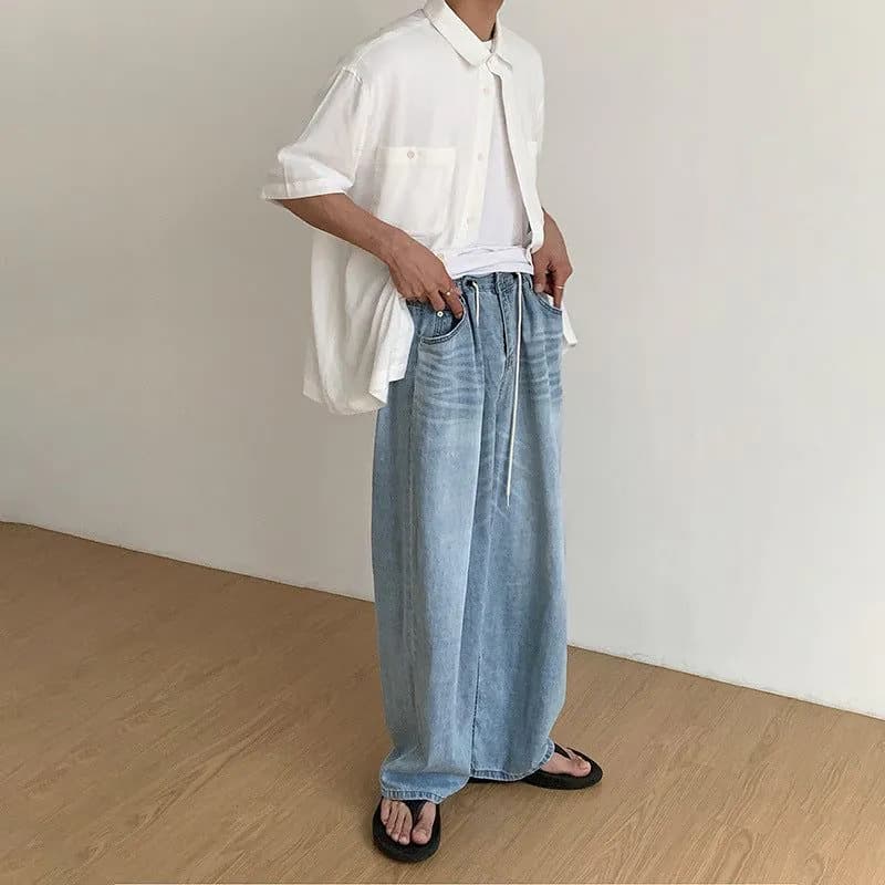 image-MYQ Men's Trousers Jeans Straight Loose Tide Brand Korean Trend Casual Pants Mopping Wide Leg Pants Summer