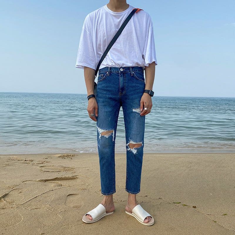 image-MYQ men's summer ripped jeans Korean version of the trend of straight loose pants tide wild nine-point pants casual pants