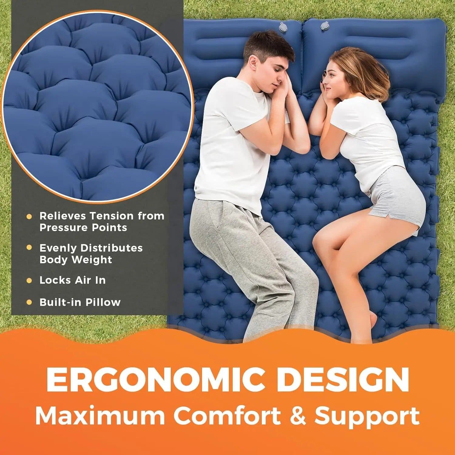 image-Double Sleeping Pad Inflatable Camping Navy Blue