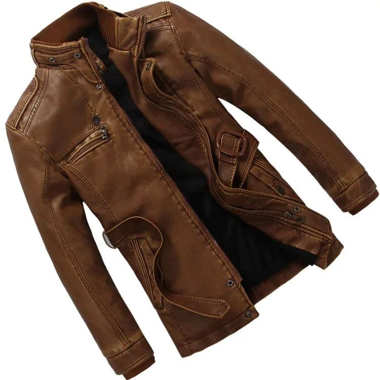 image-Mens PU Leather Fleece Lined Winter Jacket (Yellow fleece)