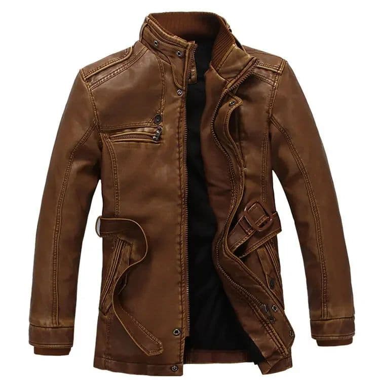 image-Mens PU Leather Fleece Lined Winter Jacket (Yellow fleece)