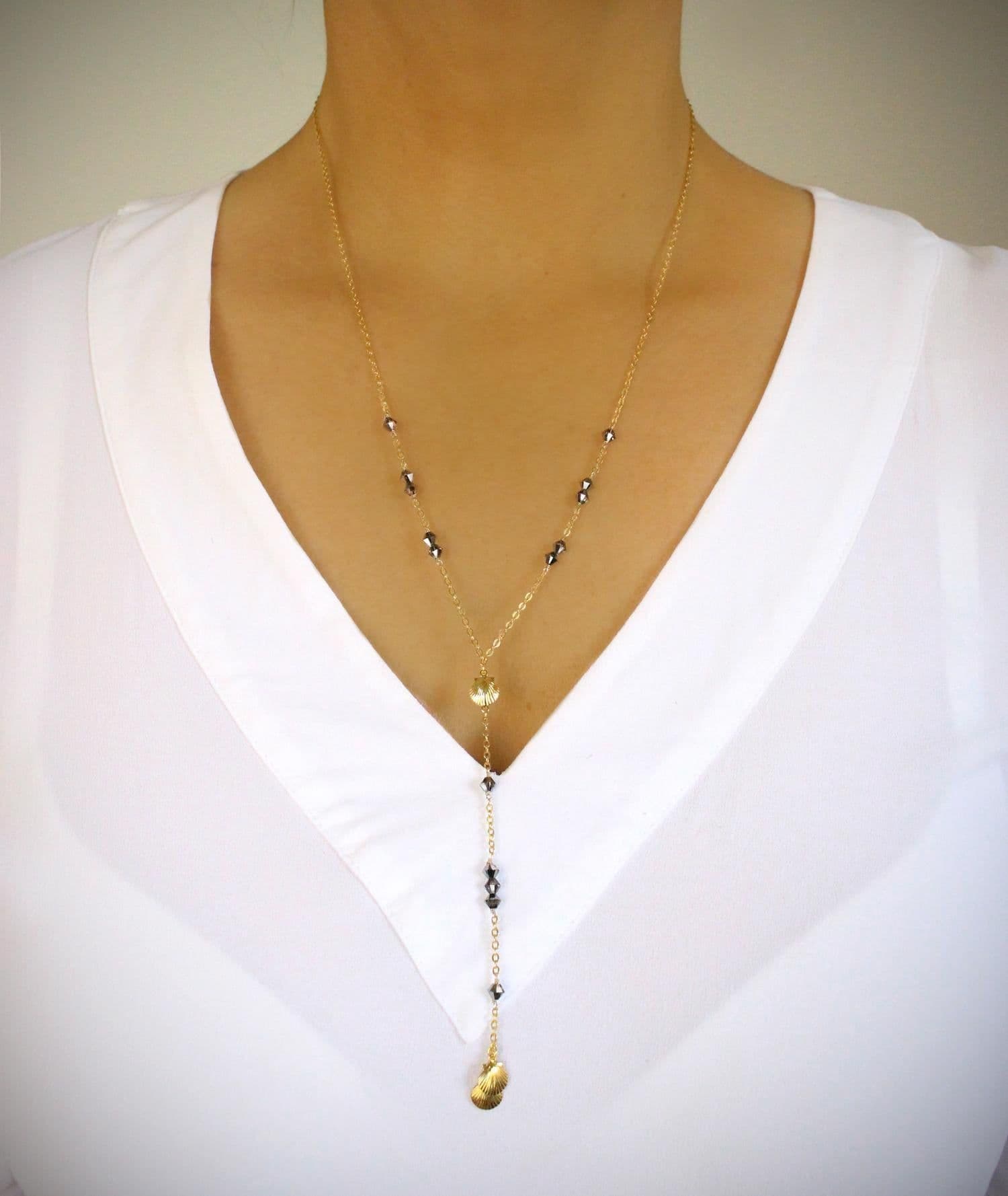 image-Gold seashell black diamond crystal necklace