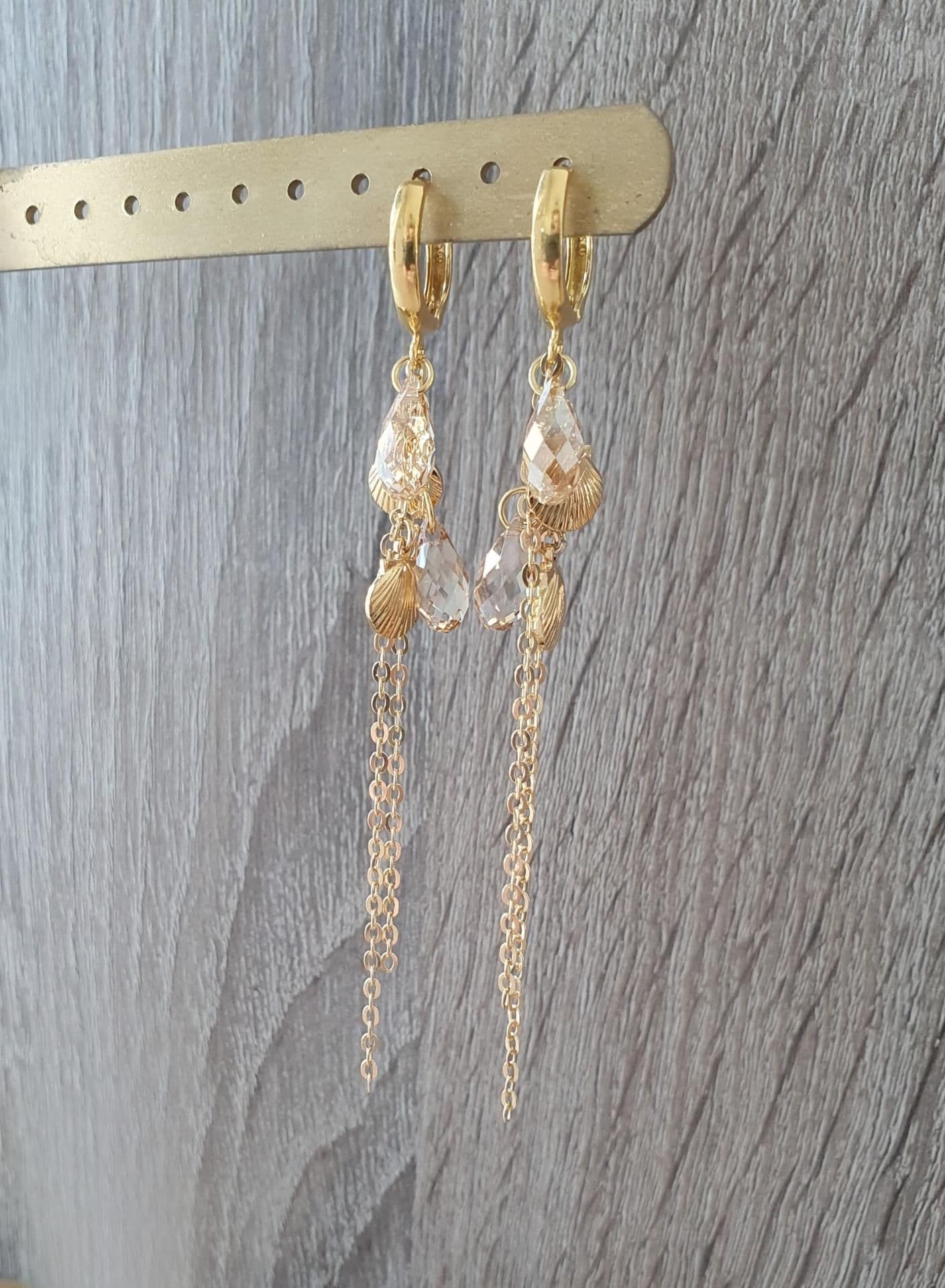 image-Swarovski crystal and gold seashell hoop earrings