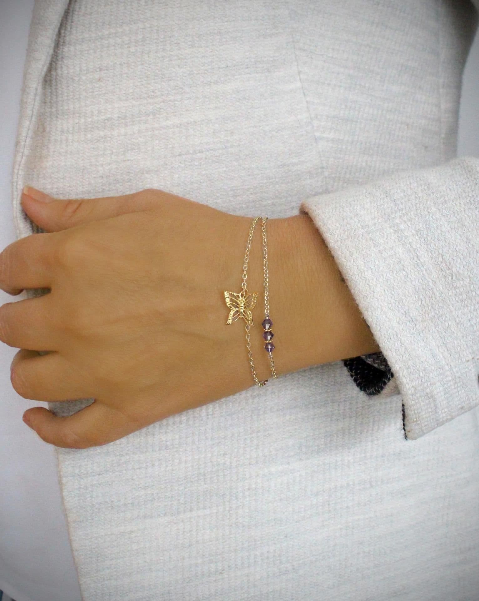 image-Gold butterfly bracelet tanzanite Swarovski crystals