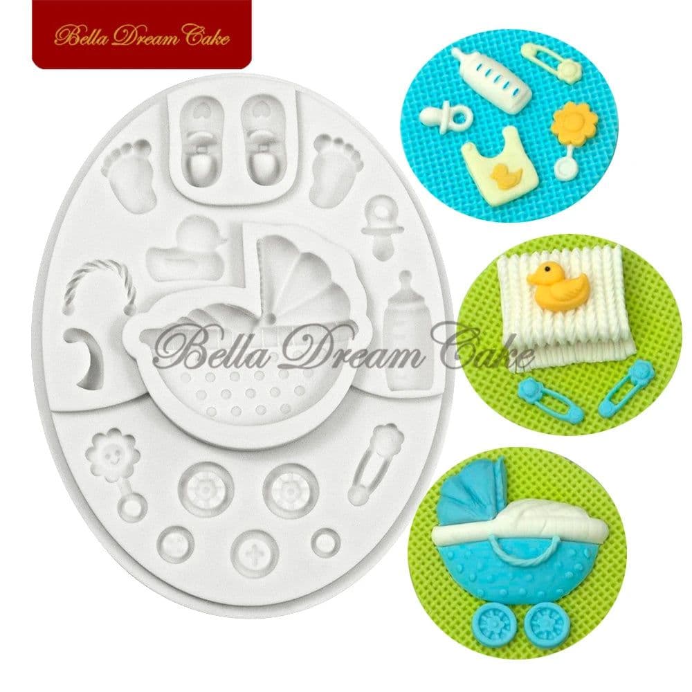 image-3D Baby Shower Pram Design Silicone Mold Fondant Chocolate Mould DIY Clay Resin Model Cake Decorating Tools Baking Accessories