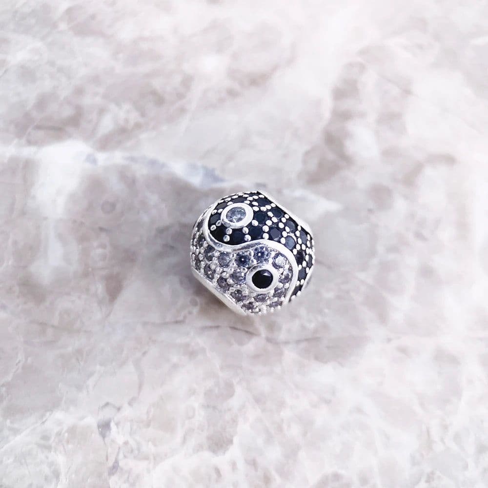 image-Beads Yin Yang Micro Pave Ball Charm For Women DIY Fine Jewelry Making Men Real Silver Sterling 925 Europe Gift