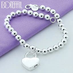 image-DOTEFFIL 925 Sterling Silver Heart Lock 6mm Beads Chain Bracelets Jewelry Women Top Quality Lovers Bracelets Christmas Gift