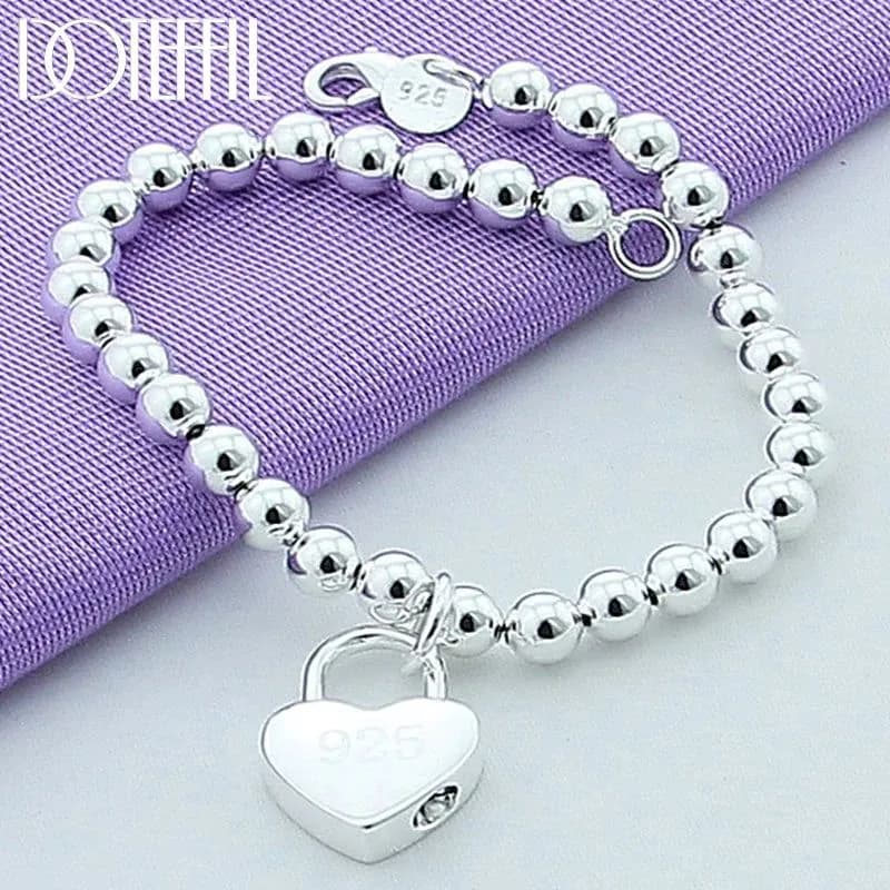 image-DOTEFFIL 925 Sterling Silver Heart Lock 6mm Beads Chain Bracelets Jewelry Women Top Quality Lovers Bracelets Christmas Gift