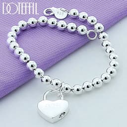 image-DOTEFFIL 925 Sterling Silver Heart Lock 6mm Beads Chain Bracelets Jewelry Women Top Quality Lovers Bracelets Christmas Gift