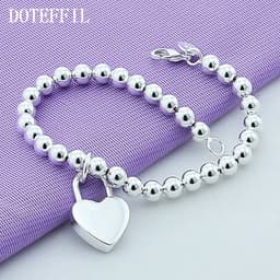image-DOTEFFIL 925 Sterling Silver Heart Lock 6mm Beads Chain Bracelets Jewelry Women Top Quality Lovers Bracelets Christmas Gift