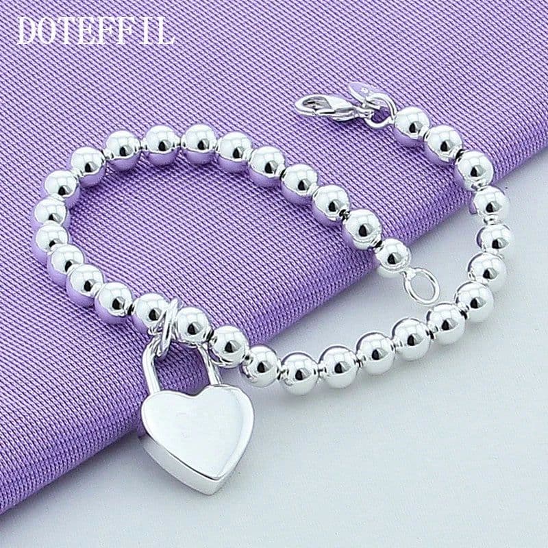 image-DOTEFFIL 925 Sterling Silver Heart Lock 6mm Beads Chain Bracelets Jewelry Women Top Quality Lovers Bracelets Christmas Gift