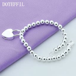 image-DOTEFFIL 925 Sterling Silver Heart Lock 6mm Beads Chain Bracelets Jewelry Women Top Quality Lovers Bracelets Christmas Gift