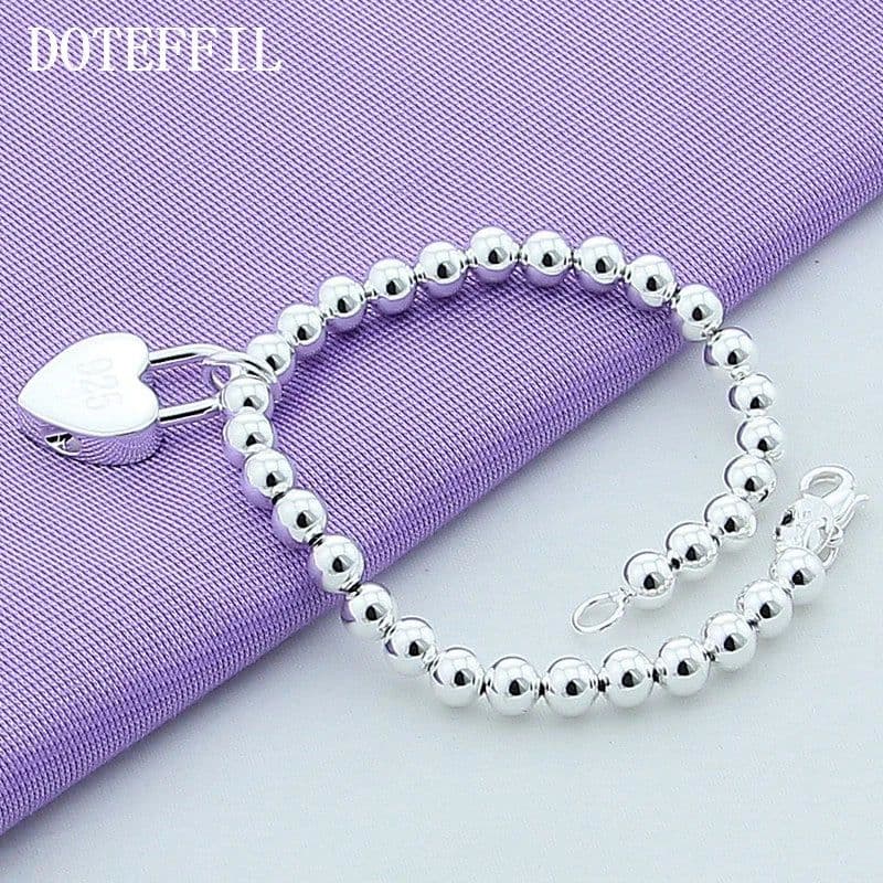 image-DOTEFFIL 925 Sterling Silver Heart Lock 6mm Beads Chain Bracelets Jewelry Women Top Quality Lovers Bracelets Christmas Gift