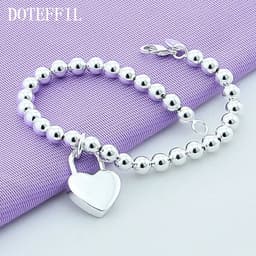 image-DOTEFFIL 925 Sterling Silver Heart Lock 6mm Beads Chain Bracelets Jewelry Women Top Quality Lovers Bracelets Christmas Gift