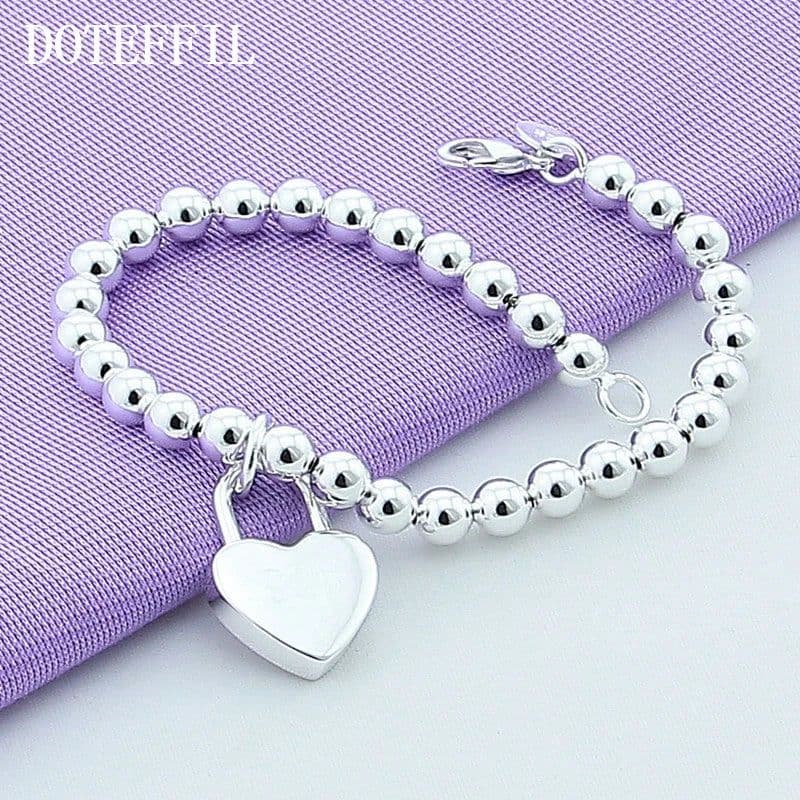 image-DOTEFFIL 925 Sterling Silver Heart Lock 6mm Beads Chain Bracelets Jewelry Women Top Quality Lovers Bracelets Christmas Gift