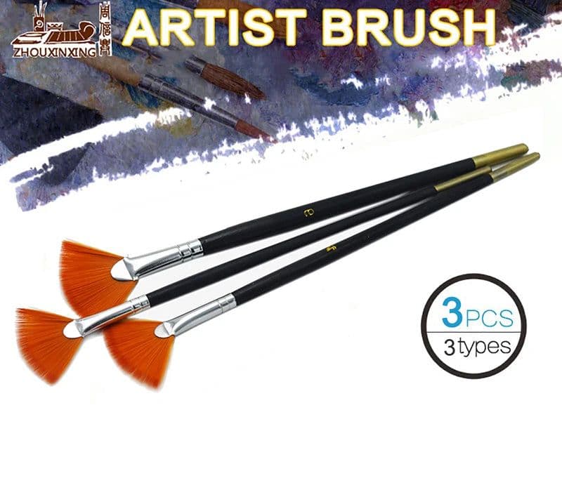 image-3Pcs/Set Kids Student fan shap Gouache Painting Pen Nylon Hair Wooden Handle Paint Brush set Drawing Art Supplies