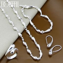 image-DOTEFFIL 925 Sterling Silver 18 Inch Chain Water Drops Chain Necklace Bracelet Earring Ring Set For Women Wedding Jewelry