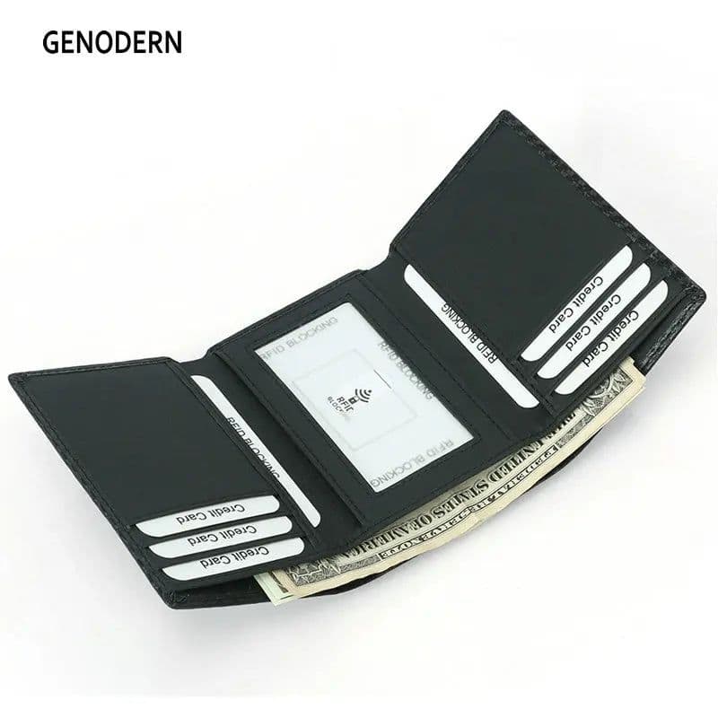image-GENODERN Men's Leather RFID Blocking Trifold Security Wallet Carbon Fiber Leather Large Capacity Multi Card Holder Male Purse