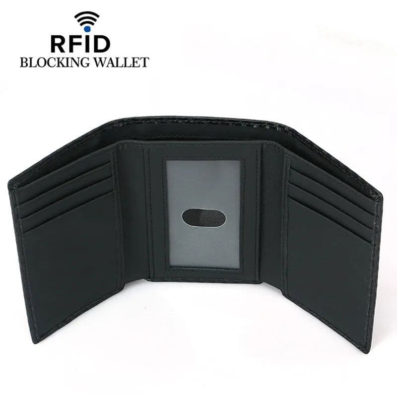 image-GENODERN Men's Leather RFID Blocking Trifold Security Wallet Carbon Fiber Leather Large Capacity Multi Card Holder Male Purse