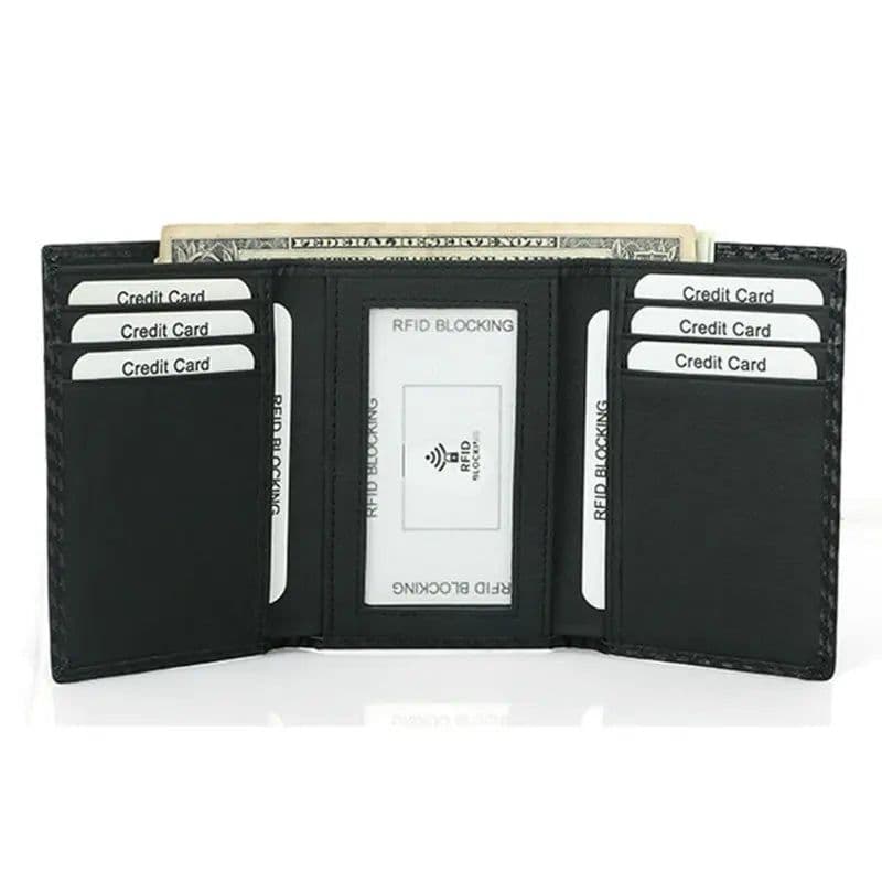 image-GENODERN Men's Leather RFID Blocking Trifold Security Wallet Carbon Fiber Leather Large Capacity Multi Card Holder Male Purse