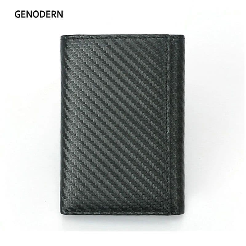 image-GENODERN Men's Leather RFID Blocking Trifold Security Wallet Carbon Fiber Leather Large Capacity Multi Card Holder Male Purse