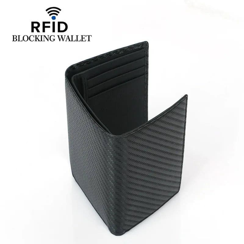 image-GENODERN Men's Leather RFID Blocking Trifold Security Wallet Carbon Fiber Leather Large Capacity Multi Card Holder Male Purse