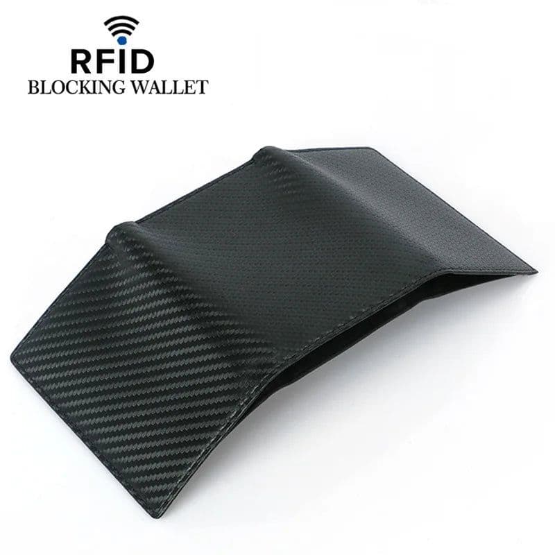 image-GENODERN Men's Leather RFID Blocking Trifold Security Wallet Carbon Fiber Leather Large Capacity Multi Card Holder Male Purse