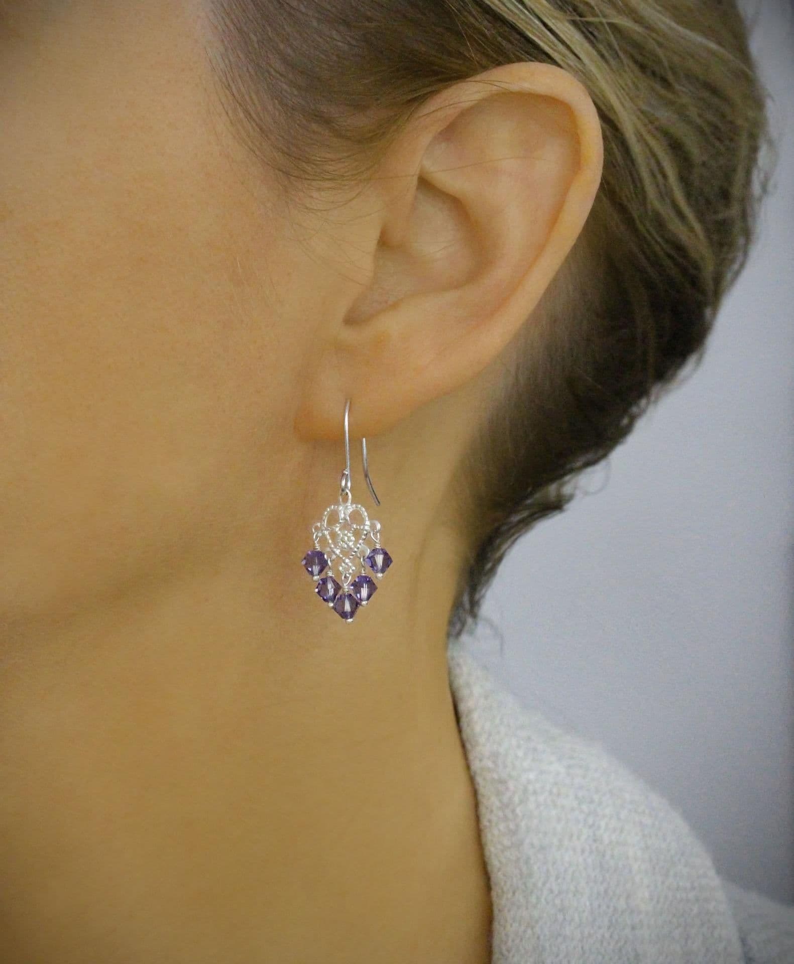 image-Silver heart filigree earrings with tanzanite crystals