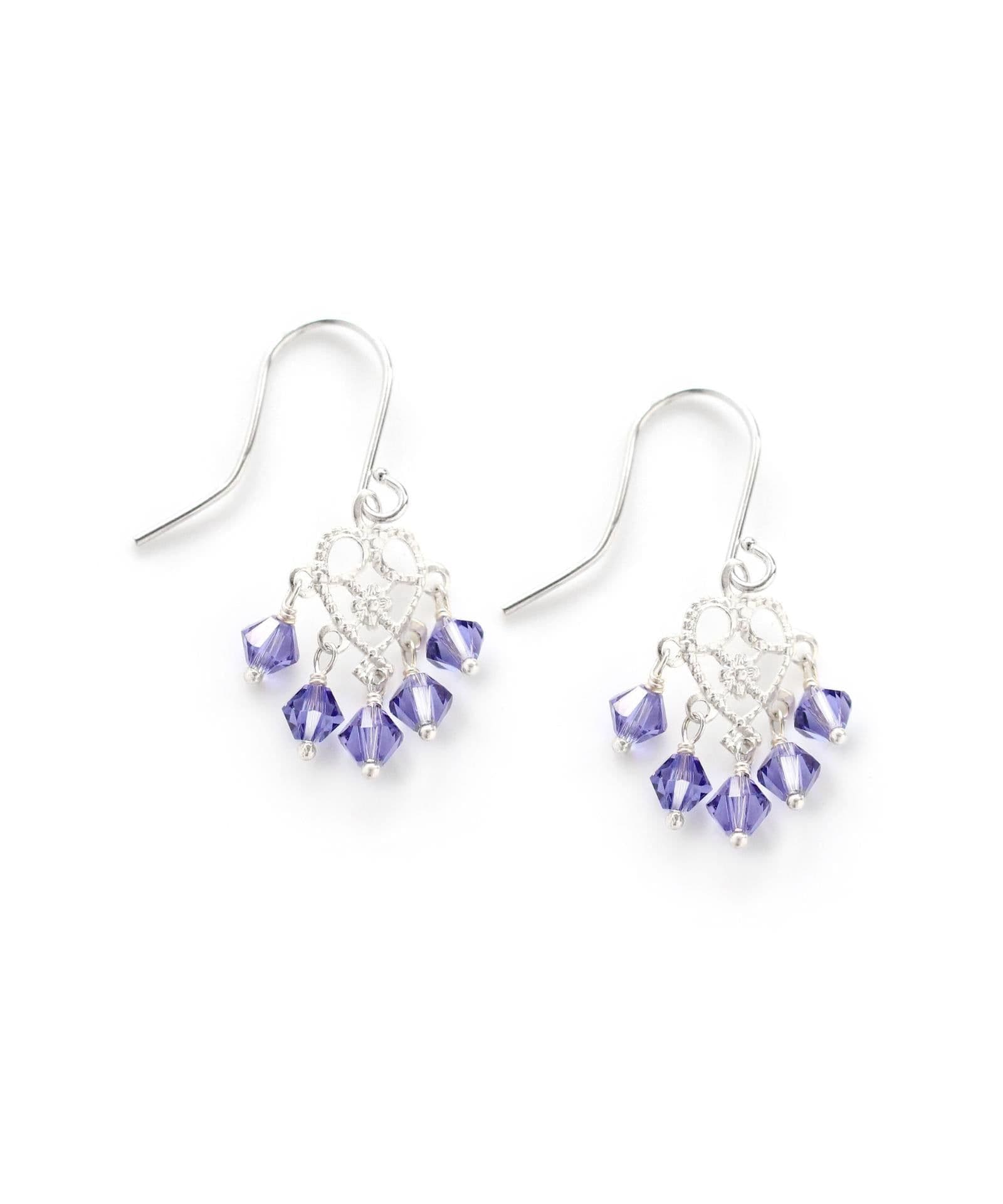 image-Silver heart filigree earrings with tanzanite crystals