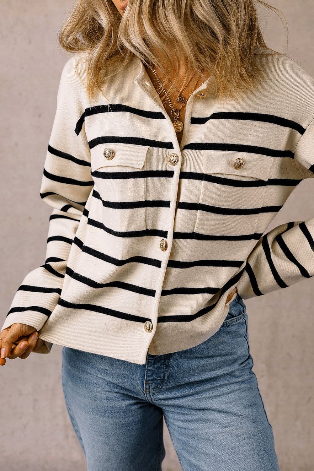 image-Black Stripe Flap Pocket Buttoned Cardigan Sweater