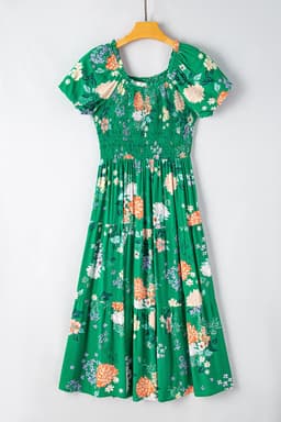 image-Floral Print Bubble Sleeve Midi Dress - Tiered Smocked Design (59 characters)