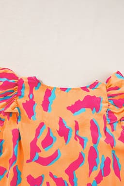 image-Abstract Print V-Neck Blouse - Orange Ruffled Sleeves