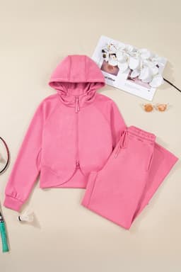 image-Pink Solid Color Zip Up Hoodie Drawstring Loose Pants Set