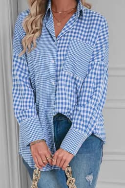 image-Sky Blue Striped Plaid Button-Up Long Sleeve Shirt - Casual Chic Design