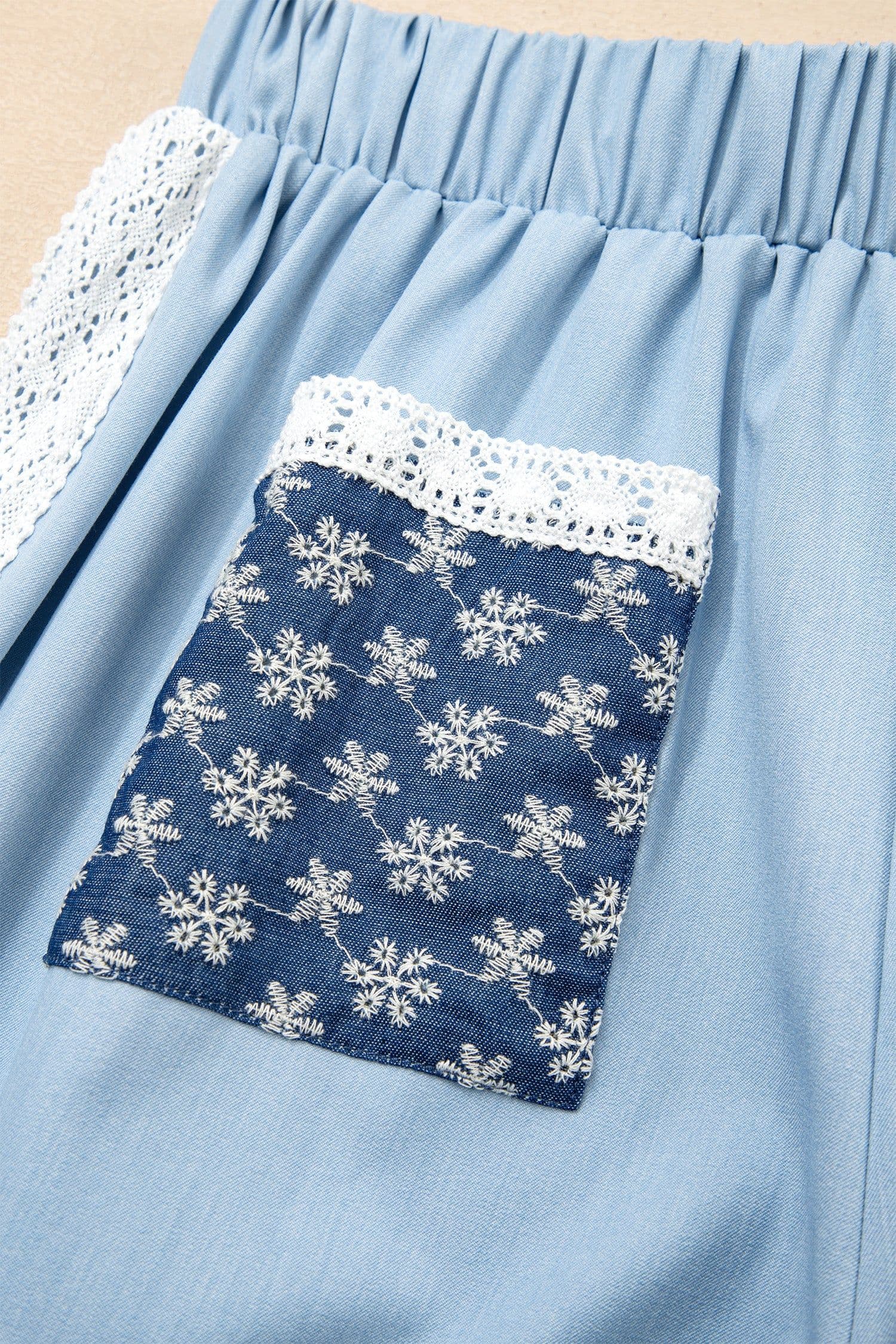 image-Beau Blue Lace Accent Floral Patched Pocket Pleated Wide Leg Slouchy Pants