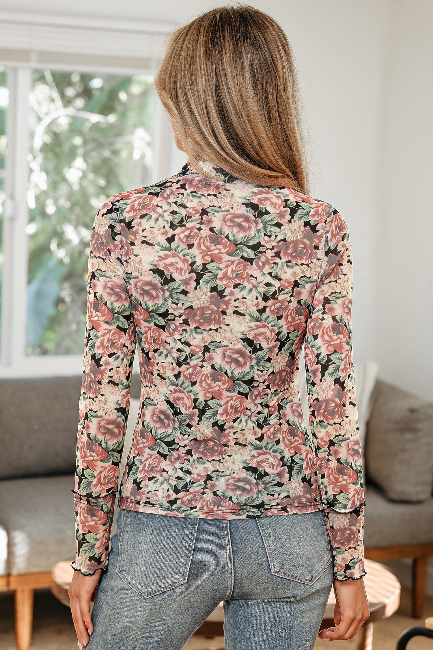 image-White Retro Floral Print Mock Neck Mesh Long Sleeve Top