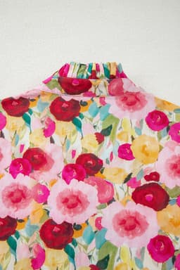 image-Pink Floral Blouse - Frilled V Neck Puff Sleeve