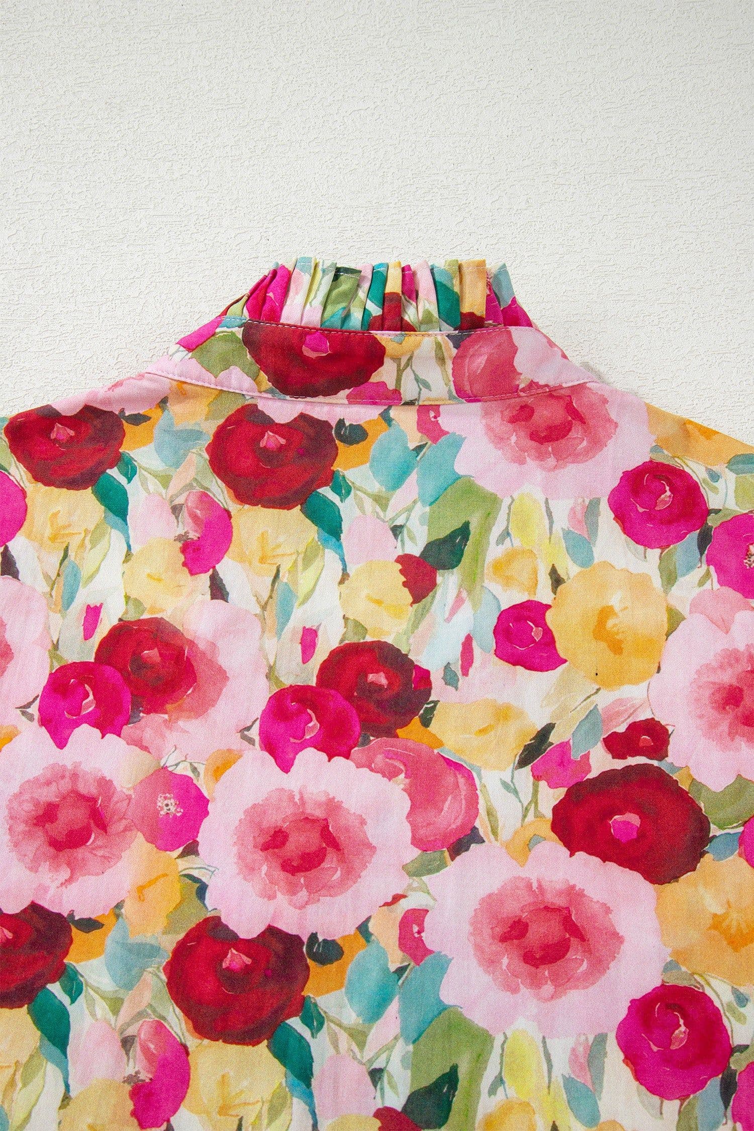 image-Pink Floral Blouse - Frilled V Neck Puff Sleeve