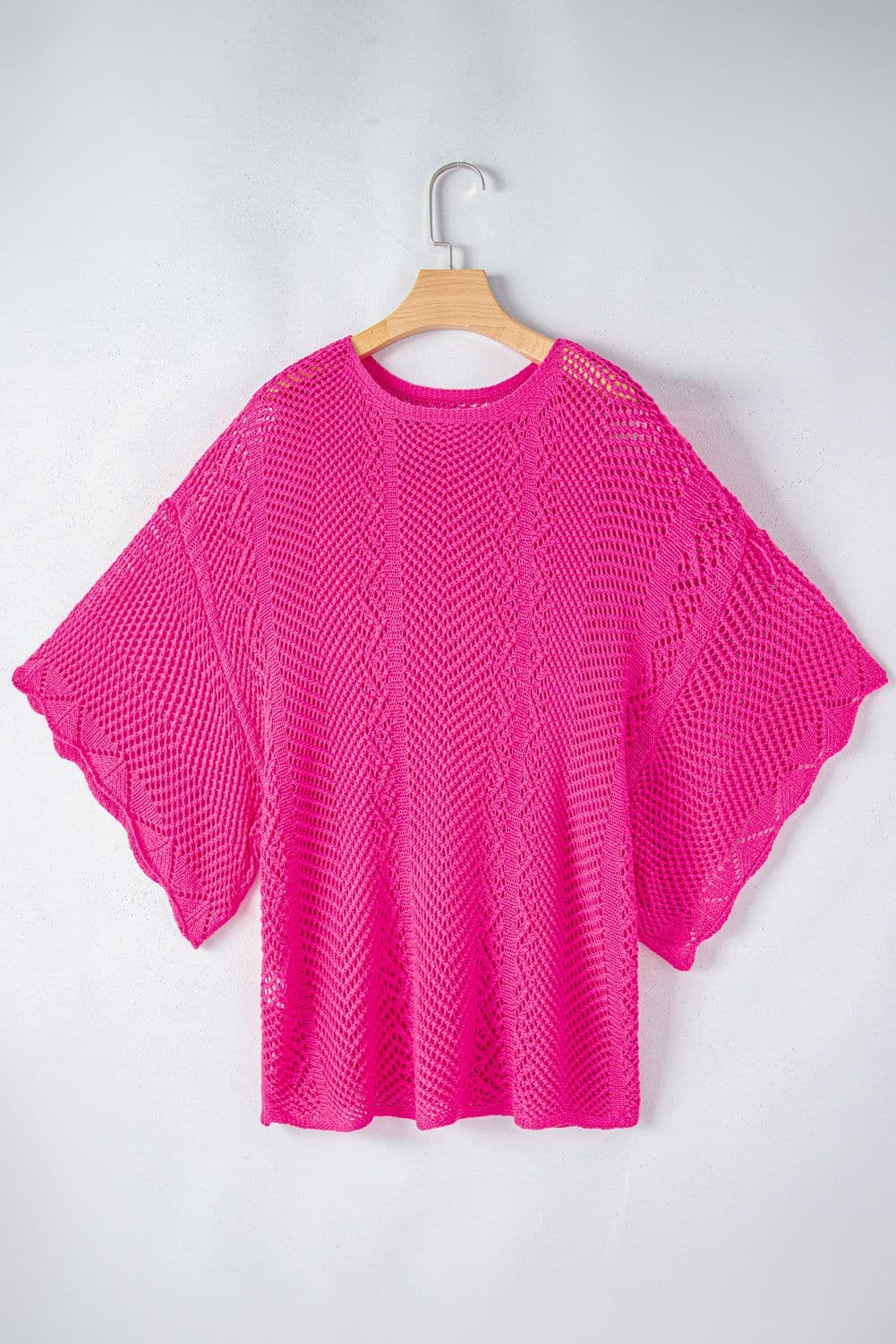 image-Rose Red Pointelle Knit Top - Short Sleeve, Scallop Edge, Delicate Design