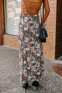 image-Floral Print High Waist Maxi Skirt - Brown