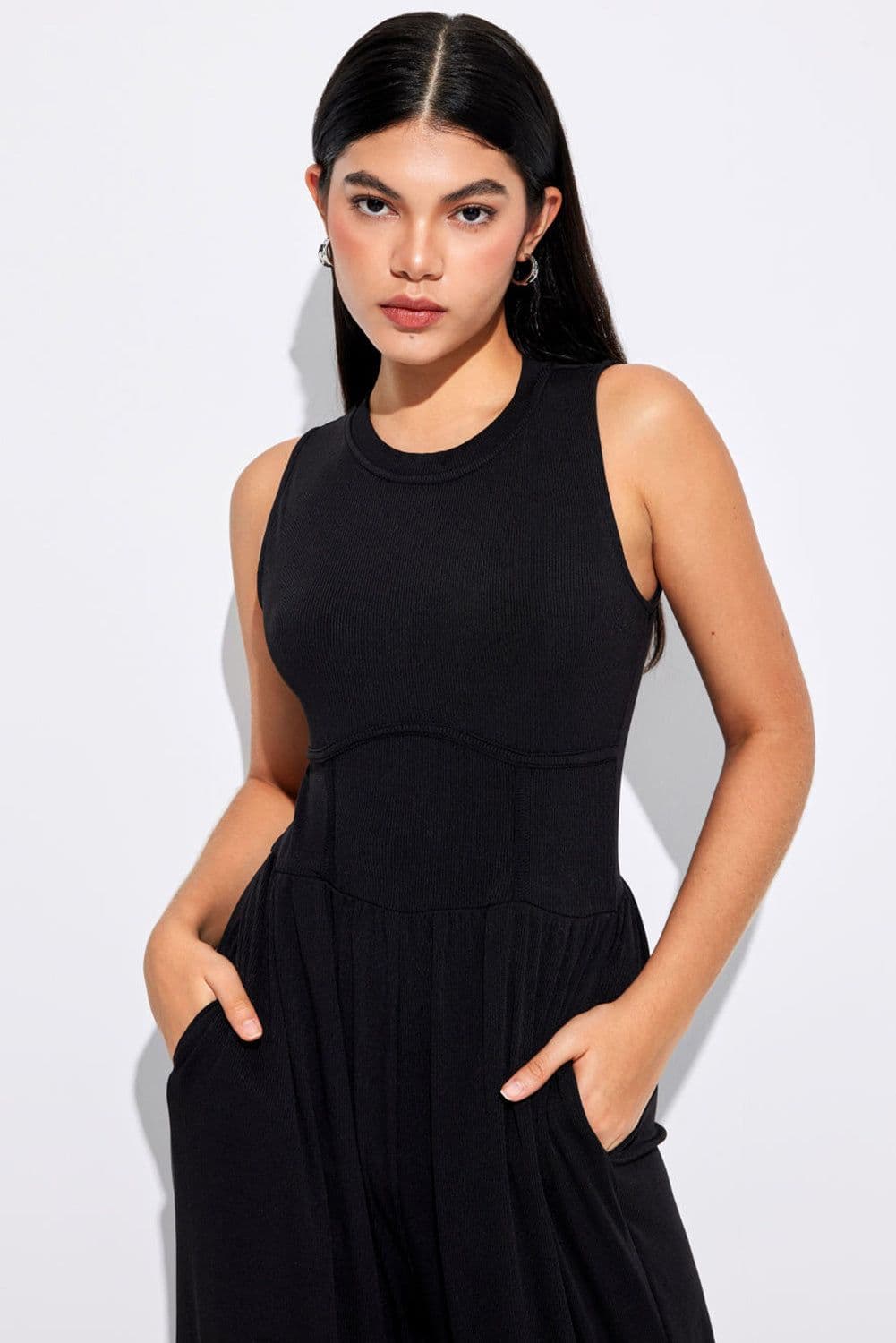 image-Black Cinched Waist Sleeveless Wide Leg Jumpsuit - Casual/Dressy