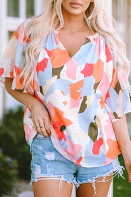 image-Multicolor Floral Print V Neck Half Sleeve Blouse