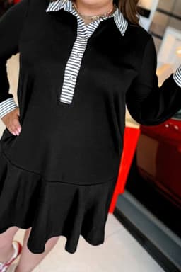 image-Black Plus Size Striped Polo Dress - Patchwork Ruffle Hem