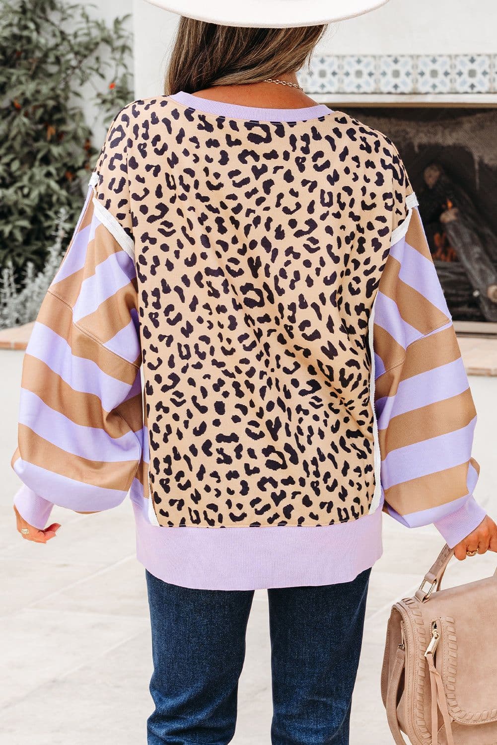 image-Khaki Stripe Leopard Patchwork Sweatshirt with Slits