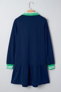 image-Navy Blue Contrast Striped Cuffs Polo Collar Patchwork Long Sleeve Ruffle Hem Mini Dress